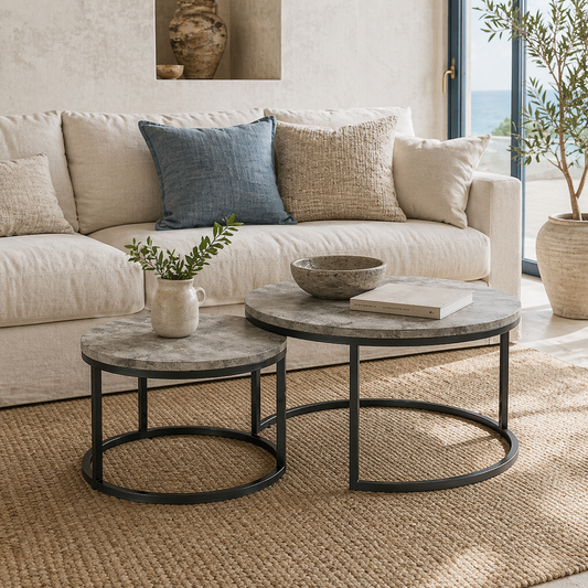 Faline Metal And Wood Grey And Black Set Of 2 Marble Effect Nesting Tables