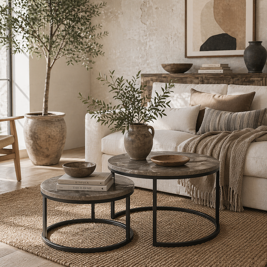 Reniso Set Of 2 Metal And Wood Marble Effect Industrial Round Nesting Coffee Tables