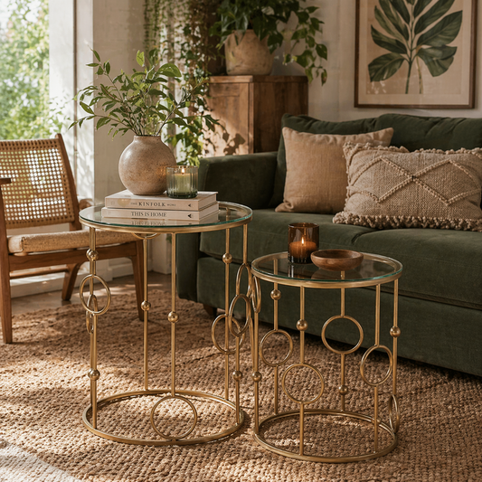 Basu Metal Gold and Glass Set Of 2 Round Nesting Coffee Tables