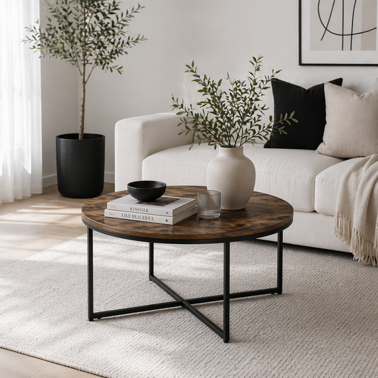 Nata Metal And Wood Rustic Brown Round Industrial Coffee Table