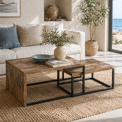 Lirare Set Of 2 Industrial Nesting Side Tables Metal And Wood Rustic Brown