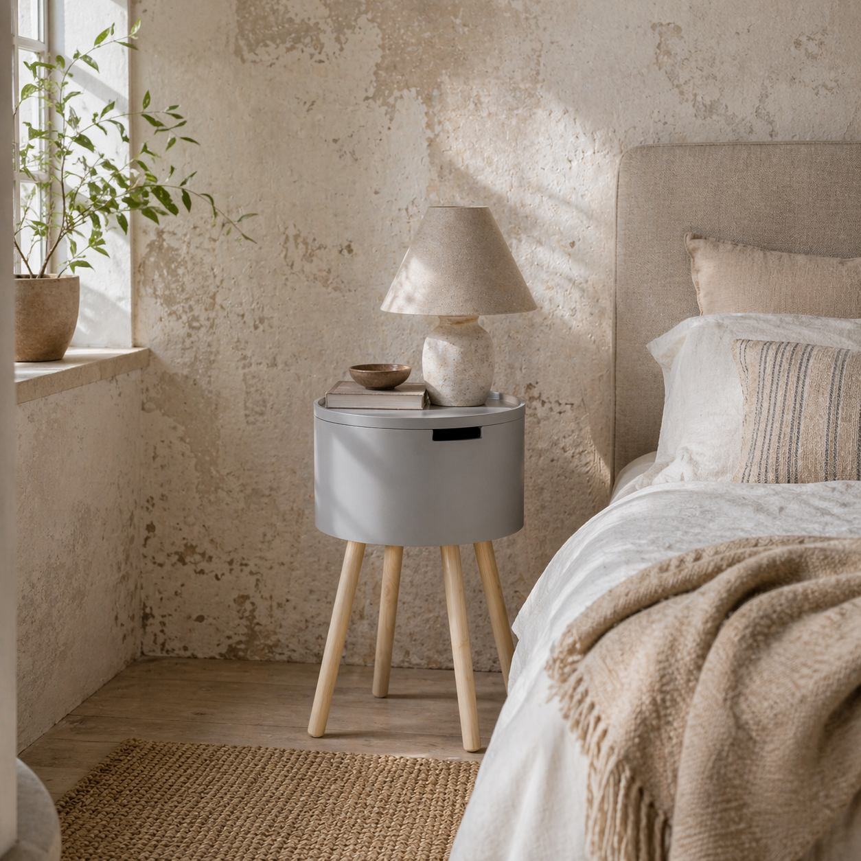 Temicco Wood Natural and Grey Round Bedside Table With Hidden Storage And Removable Tray