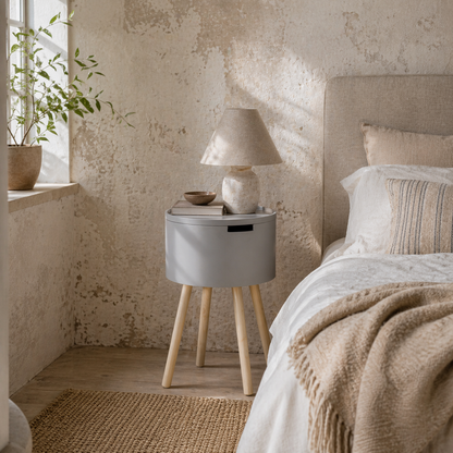 Temicco Wood Natural and Grey Round Bedside Table With Hidden Storage And Removable Tray
