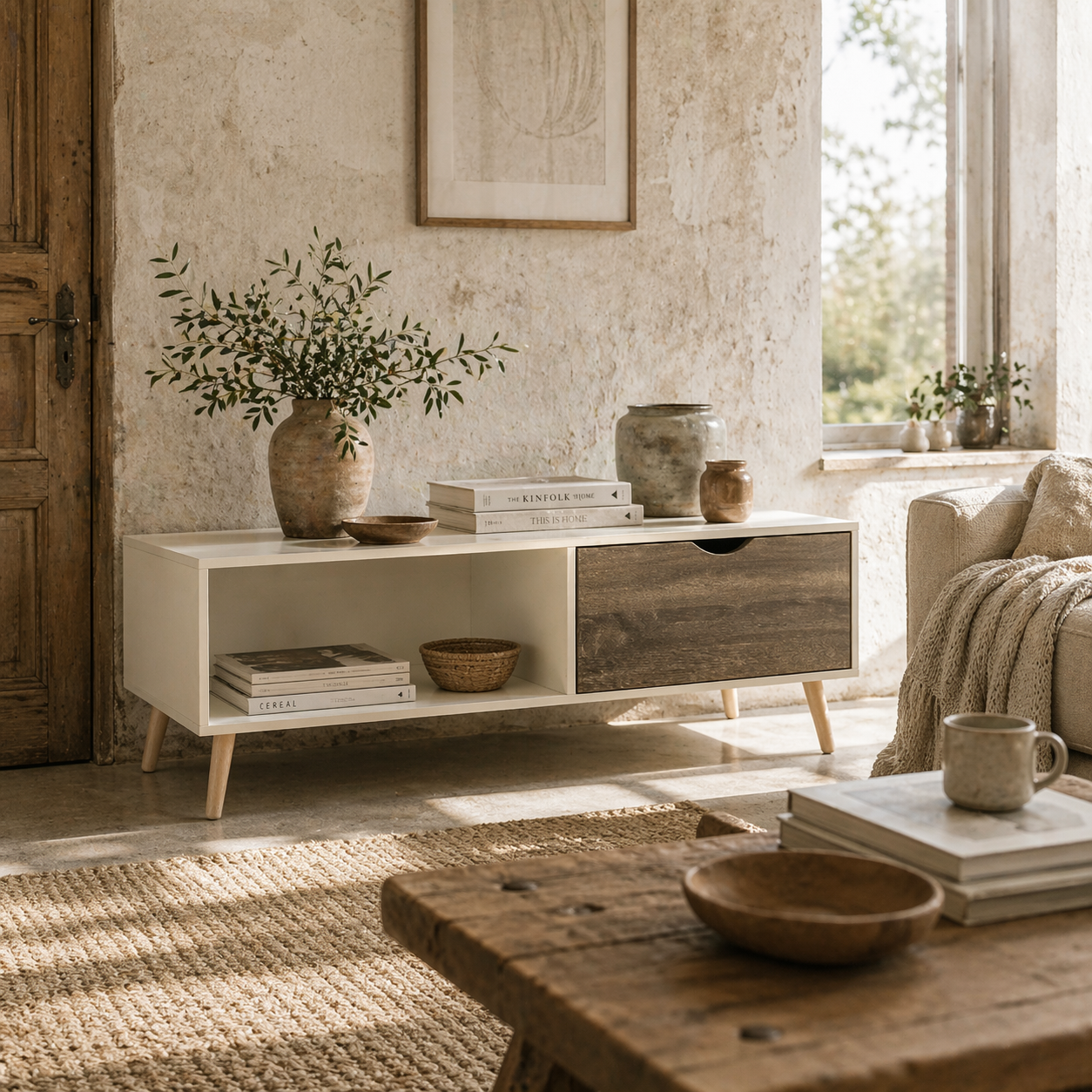 Nanola Wood White  and Grey Coffee Table With 2 Drawers