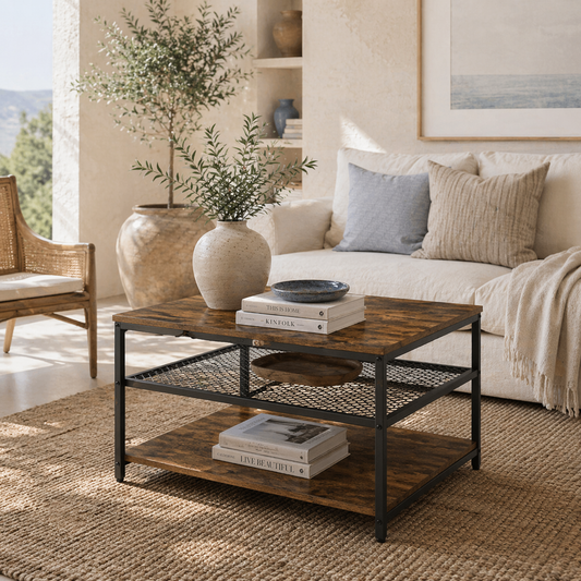 Nafata Wooden Rustic Brown Square Coffee Table With 3 Tier Shelves