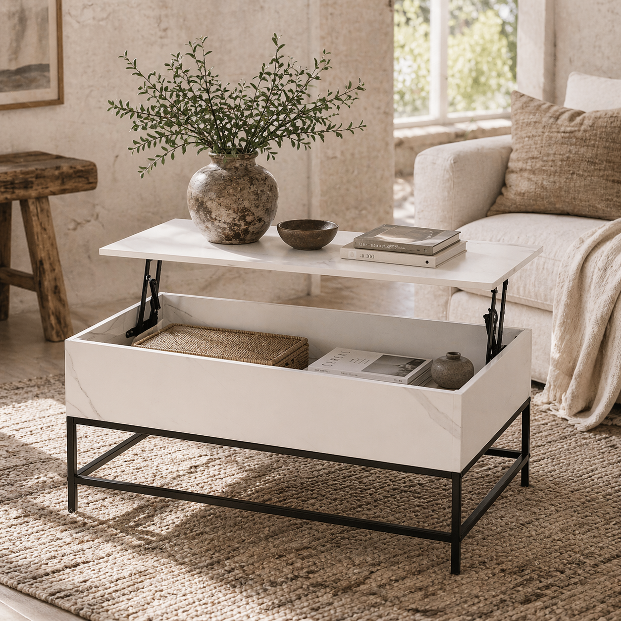 Rebafa Wooden Marble Effect White Lift Top Coffee Table With Hidden Storage