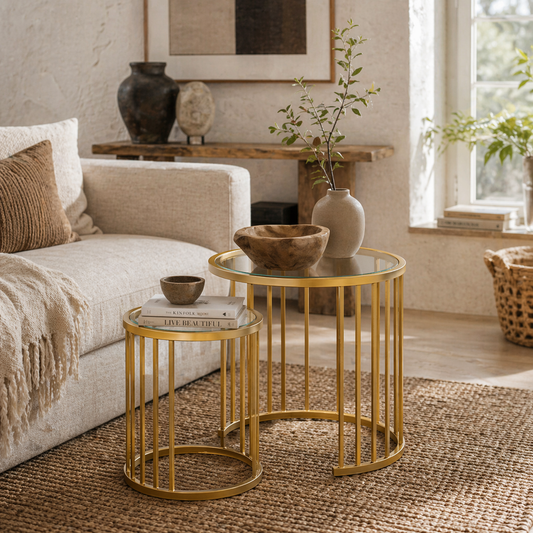 Livi Metal Gold And Glass Set Of 2 Stripe Round Nesting Coffee Tables