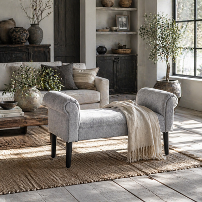 Bapazi Fabric Grey Upholstered Bed End Bench With Arm And Wooden Legs