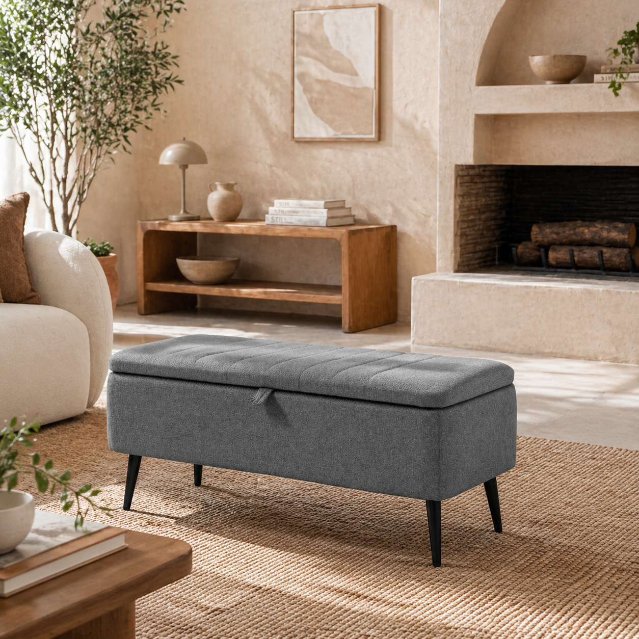 Kala Fabric Grey Rectangular Storage Ottoman Bench With Flip Top And Steel Legs