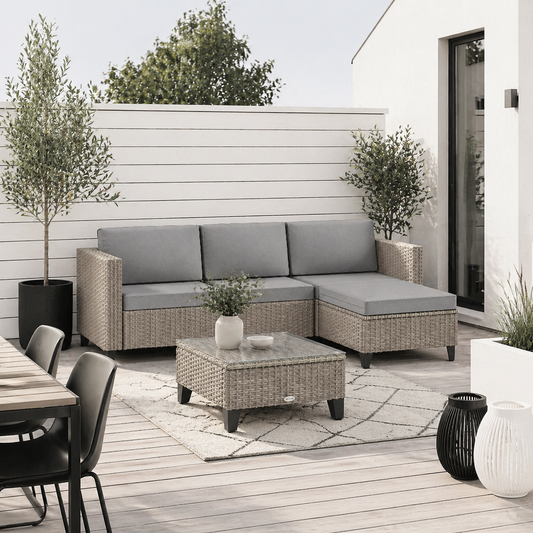 Mofilo Rattan Brown 3 Seater Garden Furniture Set With Corner Sofa and And Coffee Table