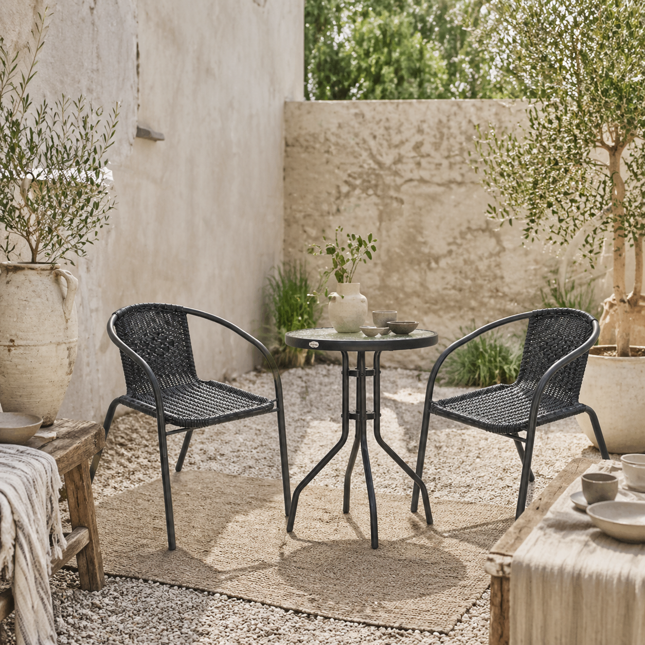 Lara Rattan Black 3 Piece Garden Bistro Table And Chair Set