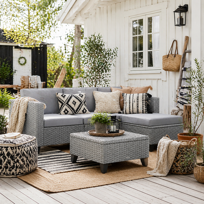 Vasuro Rattan Grey 3 Seater Furniture Set With Corner Sofa and Coffee Table