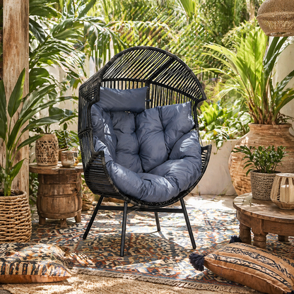 Lilo Rattan Grey And Black String Style Egg Chair With Padded Cushion