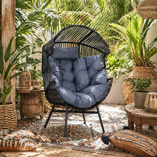 Lilo Rattan Grey And Black String Style Egg Chair With Padded Cushion