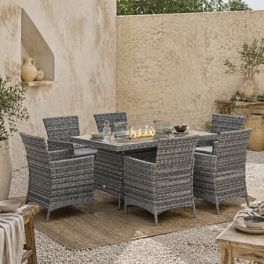 Ravezi Rattan Grey 6 Seater Garden Dining Set With Fire Pit Table Glass