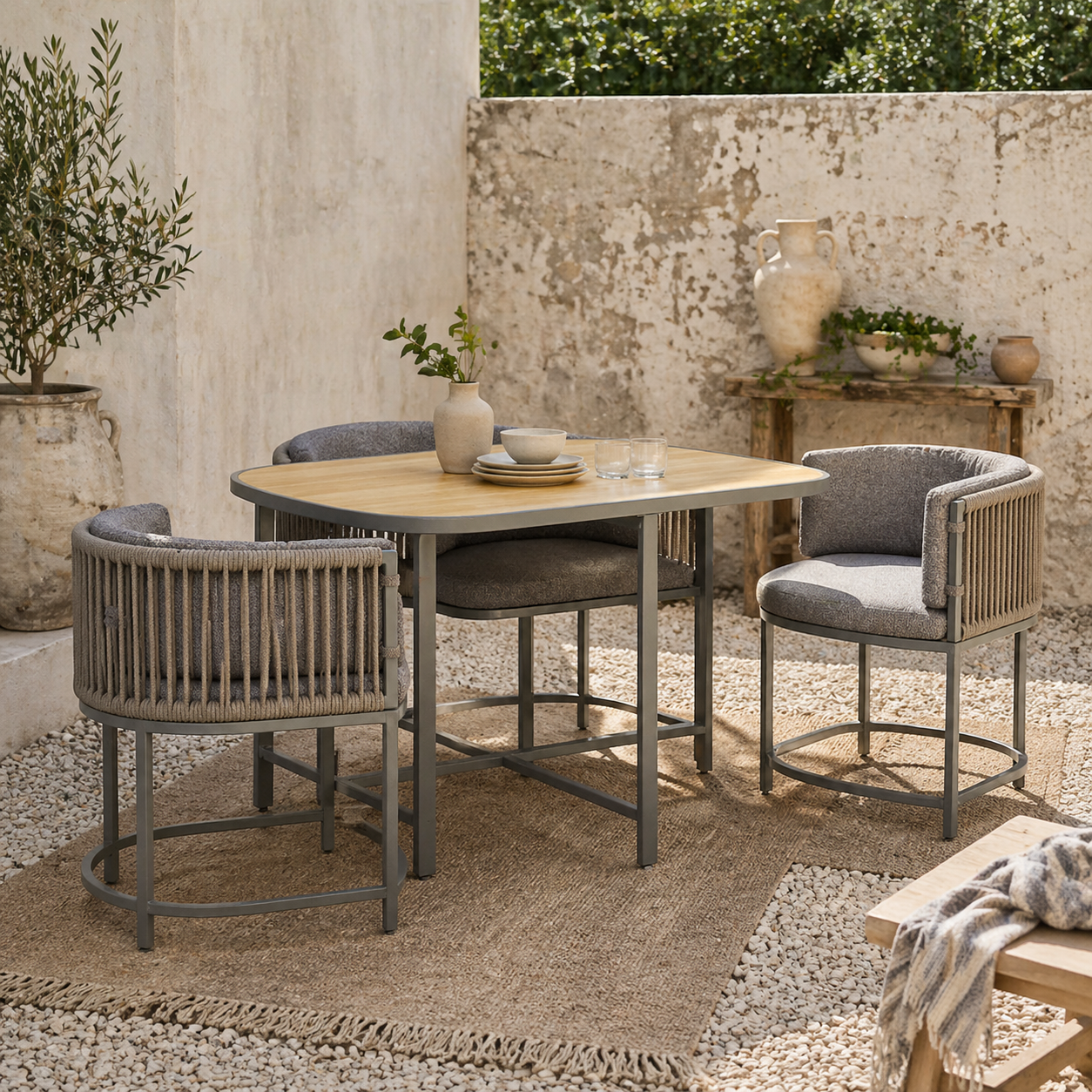 Vidi Rattan String Grey 4 Seater Cube Garden Furniture Set With Cushions