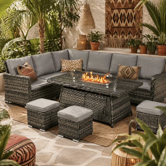 Virire Faux Rattan Grey 9 Seater Garden Sofa Set With Integrated Fire Pit Table
