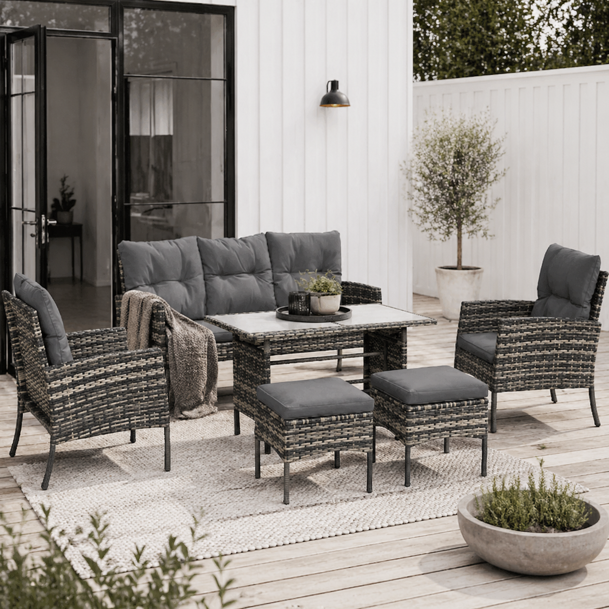 Lolu 7 Seater Grey Rattan Garden Sofa Set With Cushions And Glass Table