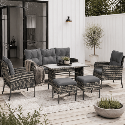Lolu 7 Seater Grey Rattan Garden Sofa Set With Cushions And Glass Table