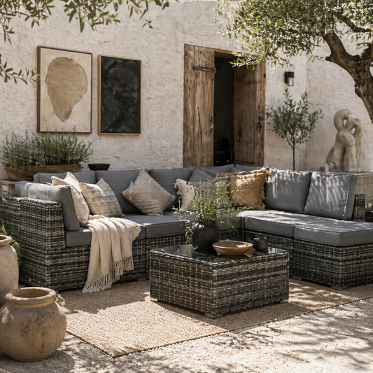 Rero Rattan Grey 5 Seater Corner Sofa Set With Glass Table