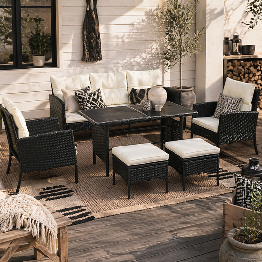 Coma 7 Seater Black and White Rattan Garden Sofa Set With Armchairs Footstools And Glass Dining Table