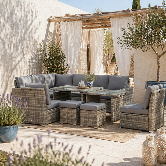 Rokane Rattan Grey 10 Seater Garden Sofa Set With Extending Dining Table
