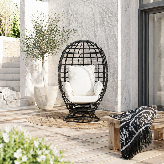 Rasu Rattan Black Swivel Egg Chair With White Cushion And Pillow