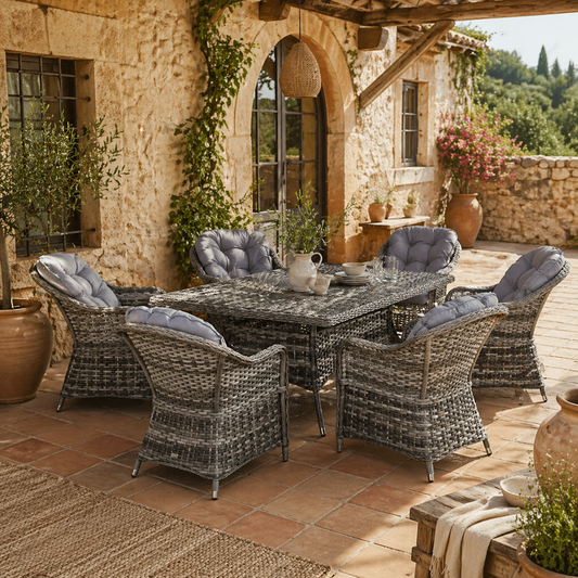 Viviel 6 Seater Grey Rattan Garden Dining Set With Cushioned Seating