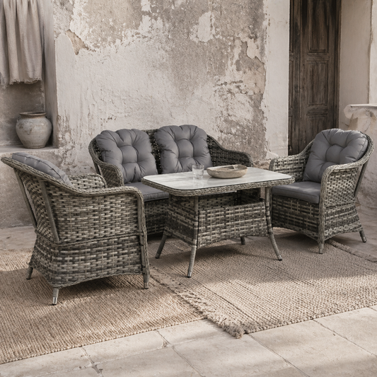 Nakevi Grey Rattan 4 Seater Garden Seating Set With Glass Top Coffee Table