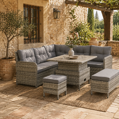 Kadira Faux Rattan Grey 8 Seatear Corner Sofa Conversational Set With Padded Cushions And Lift Top Table