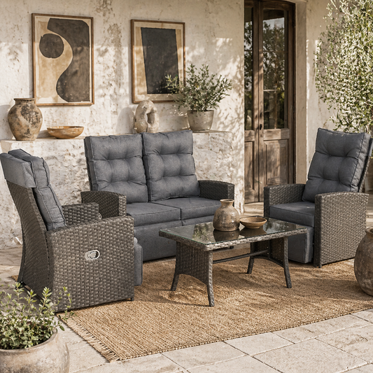 Rayo Grey Rattan 4 Seater Outdoor Sofa Set With Glass Top Table