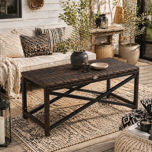 Donori Brown Rattan Outdoor Coffee Table With X Frame with Woven Top