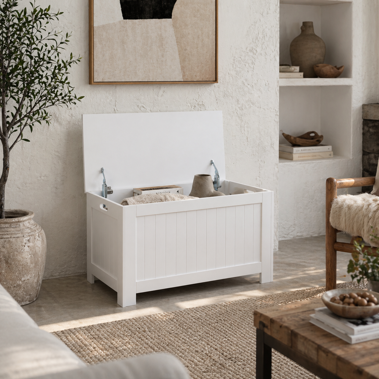 Loro Farmhouse Wooden White Lift Top Storage Chest With Safety Hinges