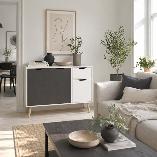 Domavi Wooden Grey Floor Standing Sideboard 2 Drawers 2 Doors