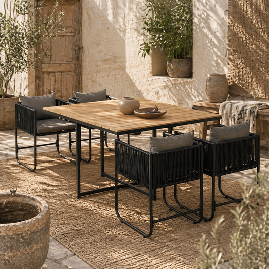 Lilere Rattan Black 4 Seater Cube Garden Dining Set With Cushions And Rectangular Wood Grain Table