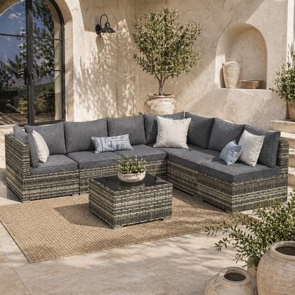 Noneli Dark Grey Rattan 5 Seater Outdoor Corner Sofa Set With Glass Coffee Table