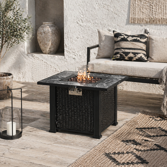 Halu Rattan Black Square Gas Fire Pit Table With Marble Effect Top Glass