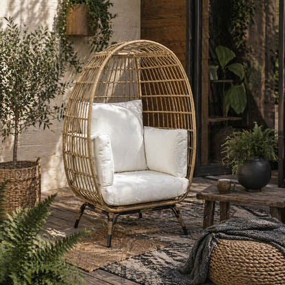 Tasudo Natural String Rattan Egg Chair With White Cushions And Pillows