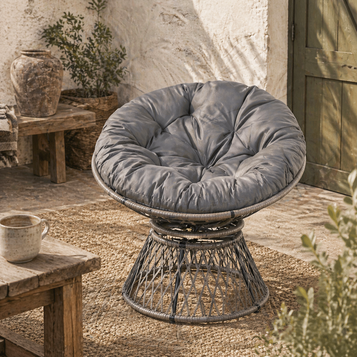 Rarare Grey Rattan Swivel Papasan Style Moon Chair With Oversized Cushion