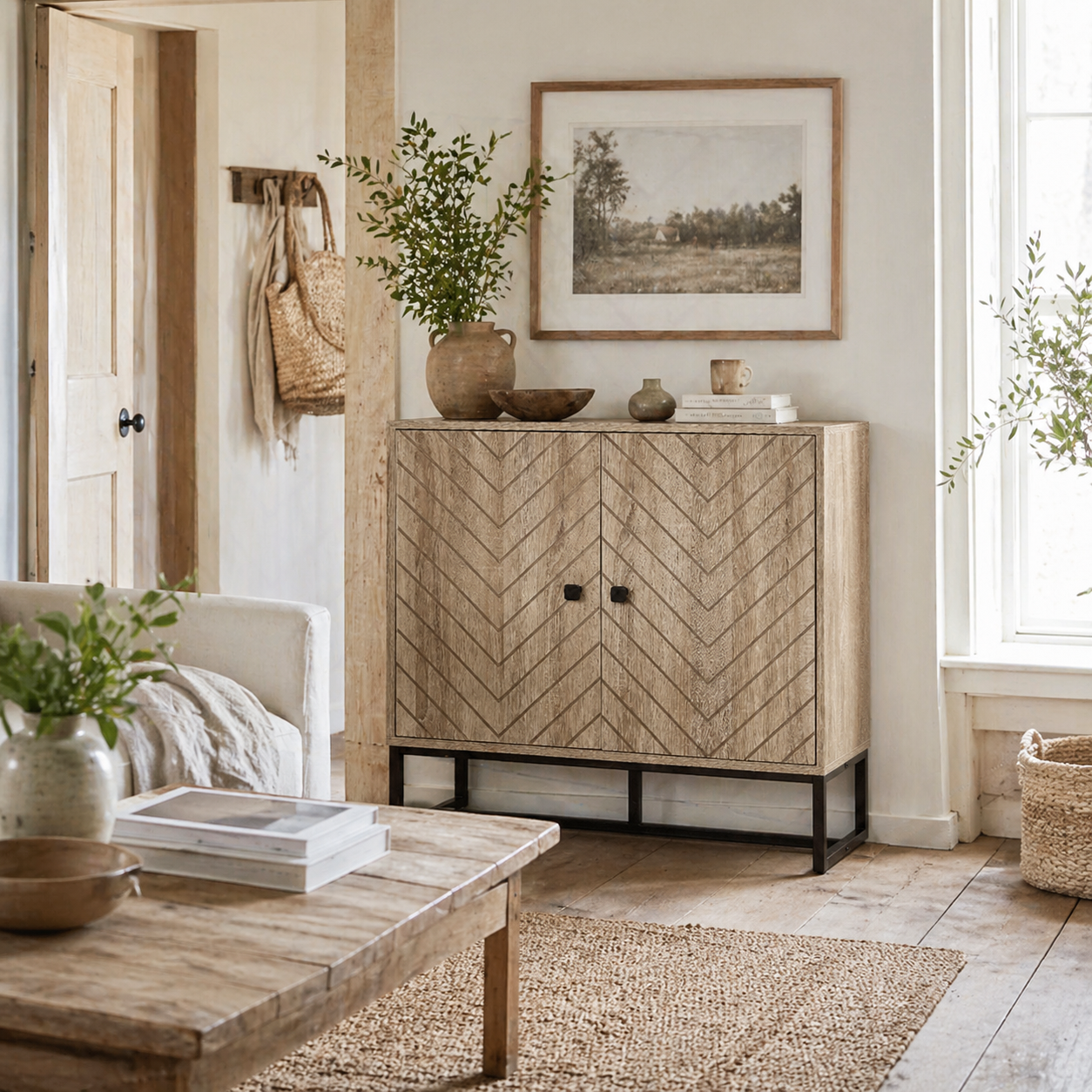 Mizi Liri Natural Oak Wood 2 Tier Storage Cabinet With Chevron Pattern