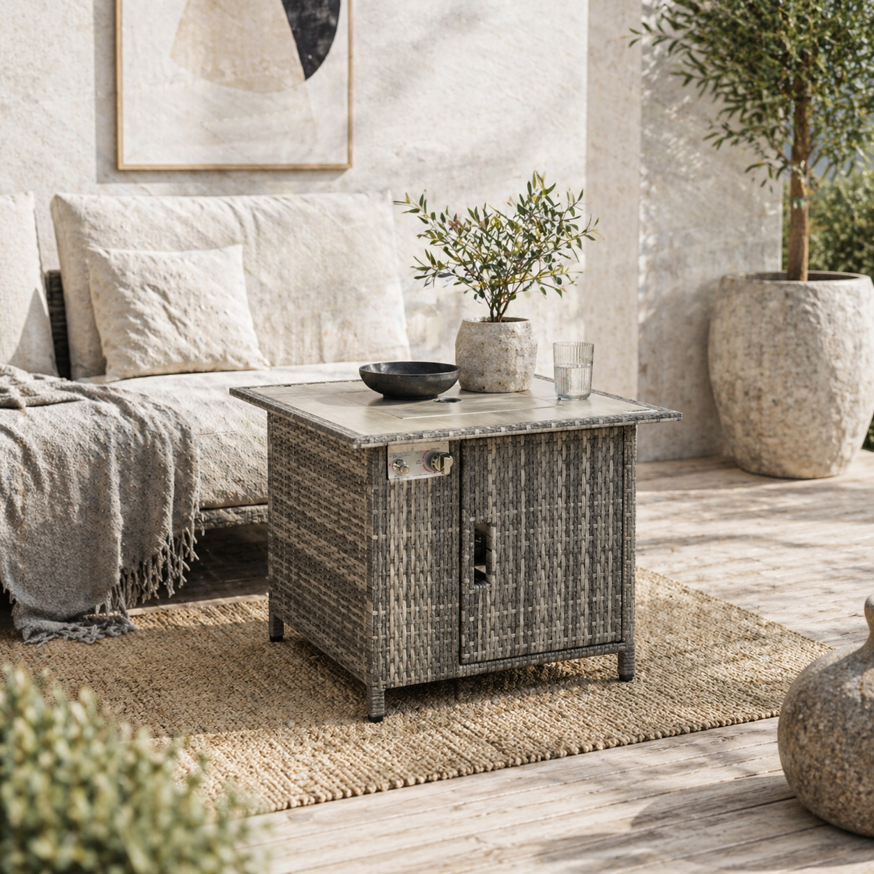 Hara Luri Grey Rattan Square Outdoor Gas Fire Pit Table