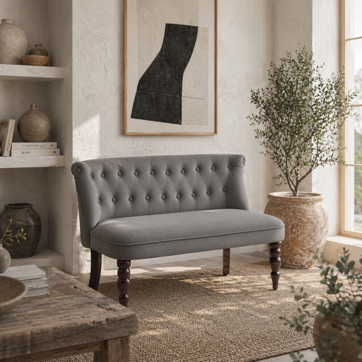 Nolali Velvet Grey Diamond Button Tufted Wingback 2 Seater Sofa