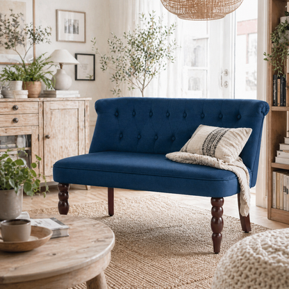 Layono Dark Blue Velvet Diamond Button Tufted Wingback 2 Seater Sofa