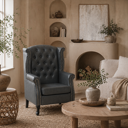 Radima Grey Faux Leather Chesterfield Wingback Accent Armchair With Nail Head Trim