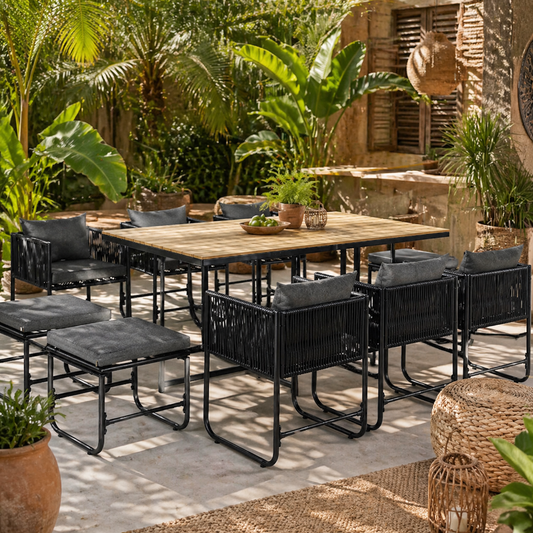 Latata Black Rattan String 10 Seater Cube Garden Dining Set With Stools And Rectangular Table