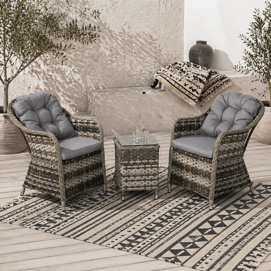 Yosu Rattan Grey 3 Piece Bistro Set With Glass Top Table