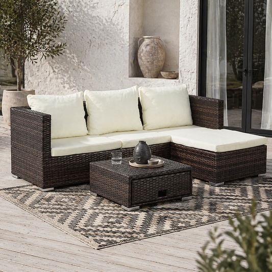 Lilisa Rattan Brown and Cream 3 Piece Garden Sofa Set With Storage Table