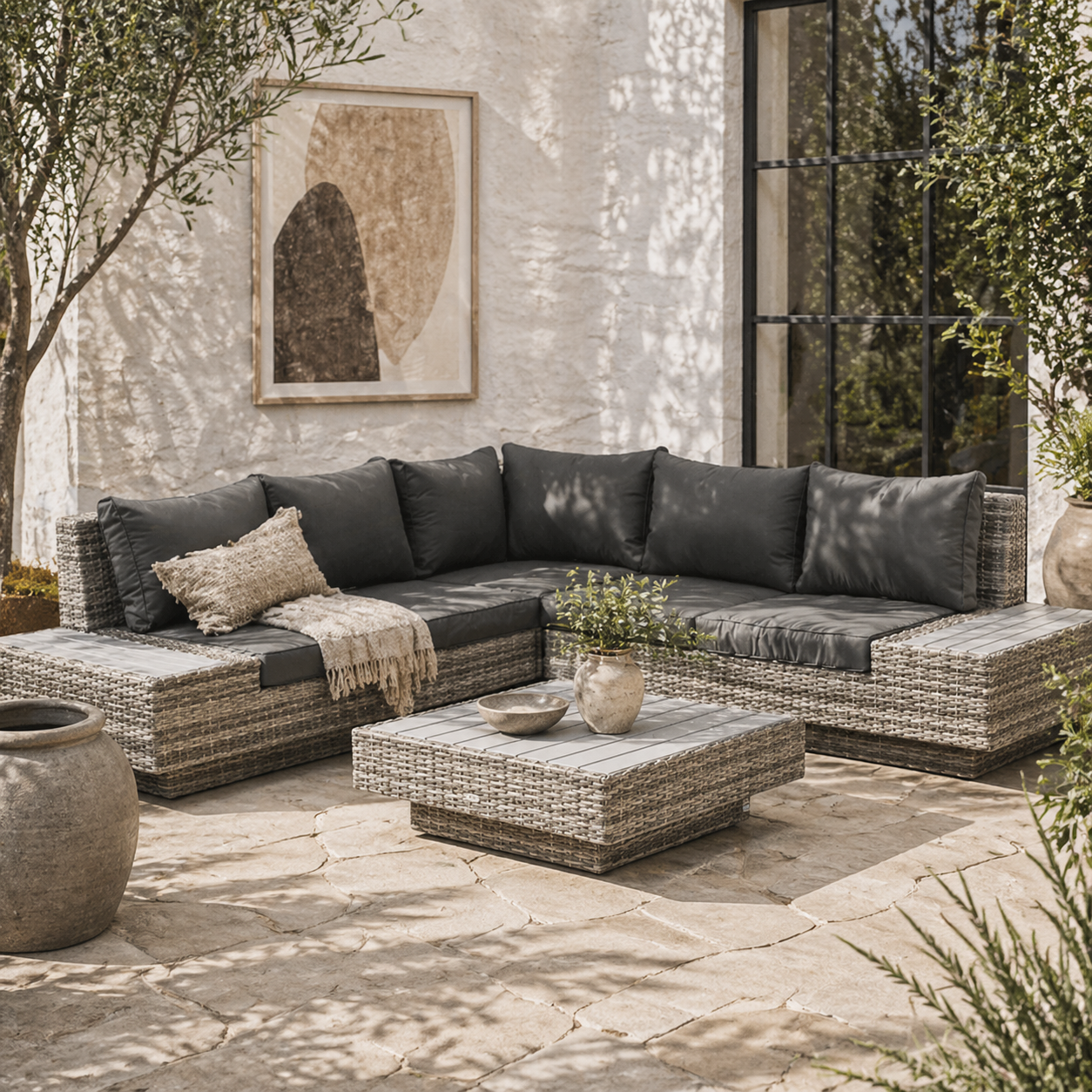 Vaneno Rattan Light Grey 5 Seater Outdoor Corner Sofa And Coffee Table Set With Cushions