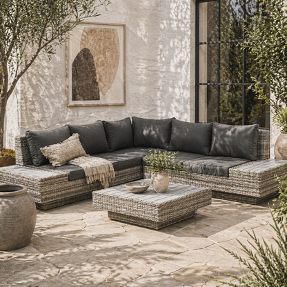 Vaneno Rattan Light Grey 5 Seater Outdoor Corner Sofa And Coffee Table Set With Cushions