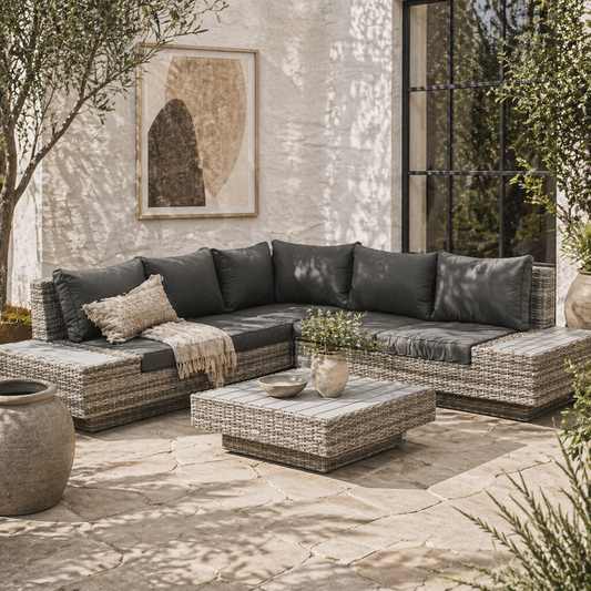 Vaneno Rattan Light Grey 5 Seater Outdoor Corner Sofa And Coffee Table Set With Cushions